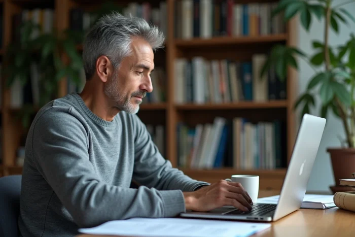 Homme en formation en ligne depuis son bureau à domicile avec un ordinateur portable et des supports de cours