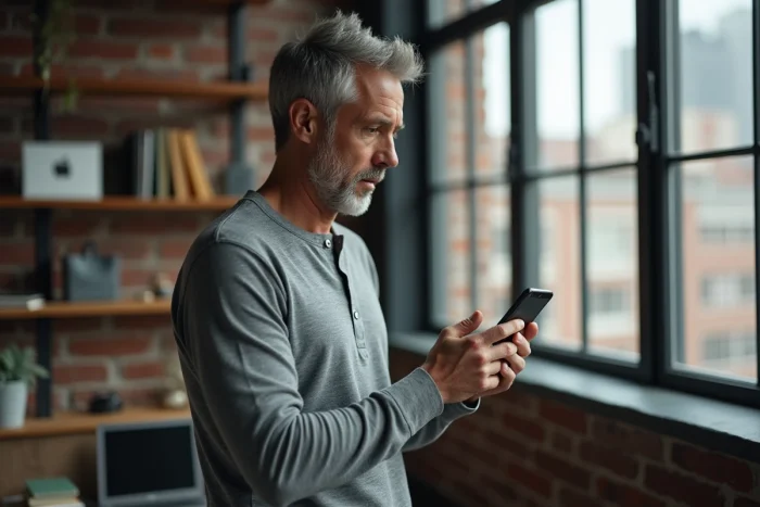 Homme utilisant une application de messagerie sécurisée sur smartphone dans un espace de travail moderne de style loft