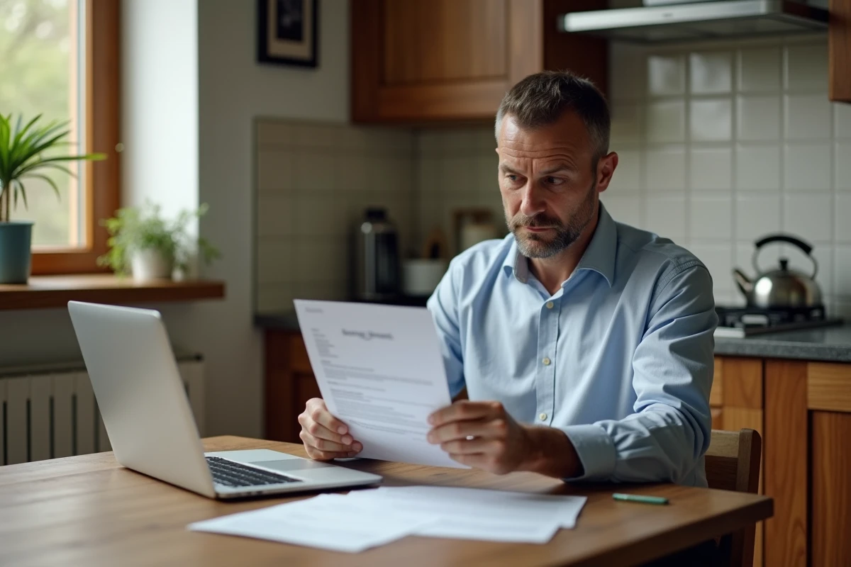 Homme concentré avec papiers et ordinateur