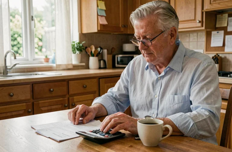 Homme retraité de 62 ans calculant le montant de sa retraite avec des documents financiers sur une table de cuisine