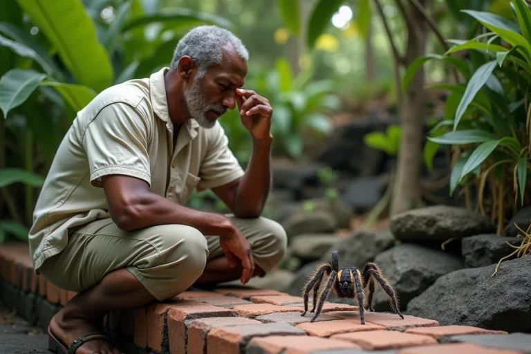 Homme réunionnais observe une araignée babouk dans un jardin tropical