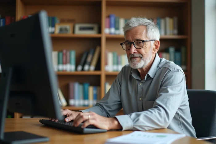 Homme senior utilisant un ordinateur public en bibliothèque pour accéder aux services de prévoyance sociale en ligne