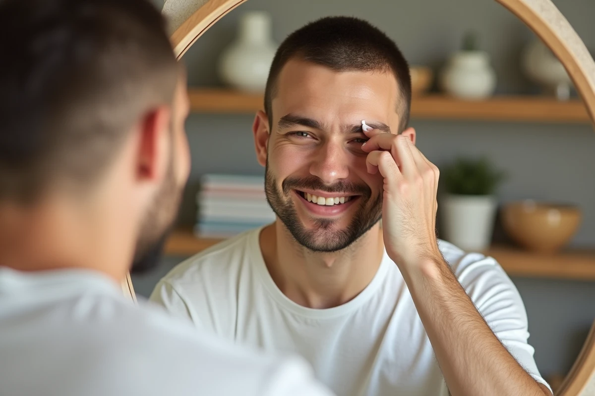 Jeune homme appliquant un serum dans un salon chaleureux