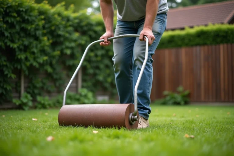 Homme d'âge moyen poussant une tondeuse à gazon dans un jardin