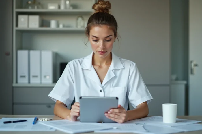 Infirmière en uniforme blanc utilisant une tablette dans un bureau moderne
