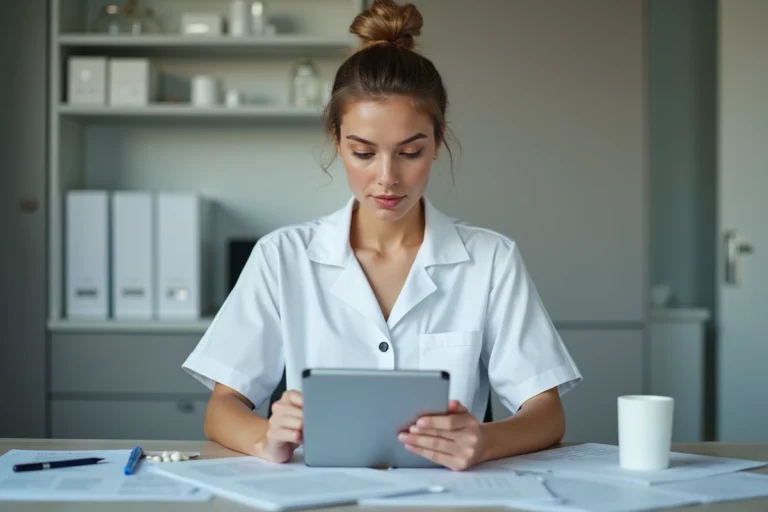 Infirmière en uniforme blanc utilisant une tablette dans un bureau moderne