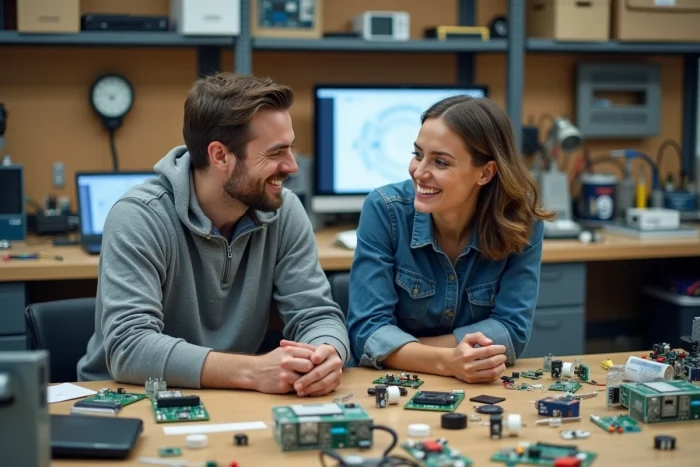 Deux ingénieurs discutant de composants électroniques et de pièces imprimées en 3D dans un lab maker space high-tech