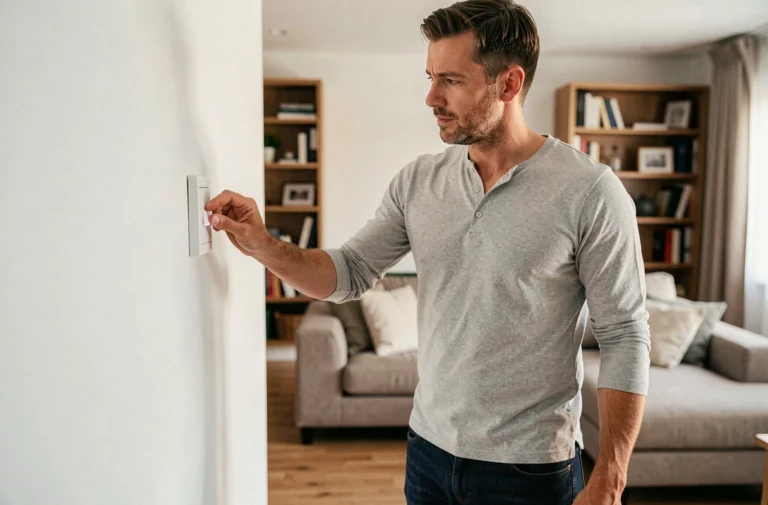 Homme installant un interrupteur sans fil sur un mur blanc dans un salon moderne