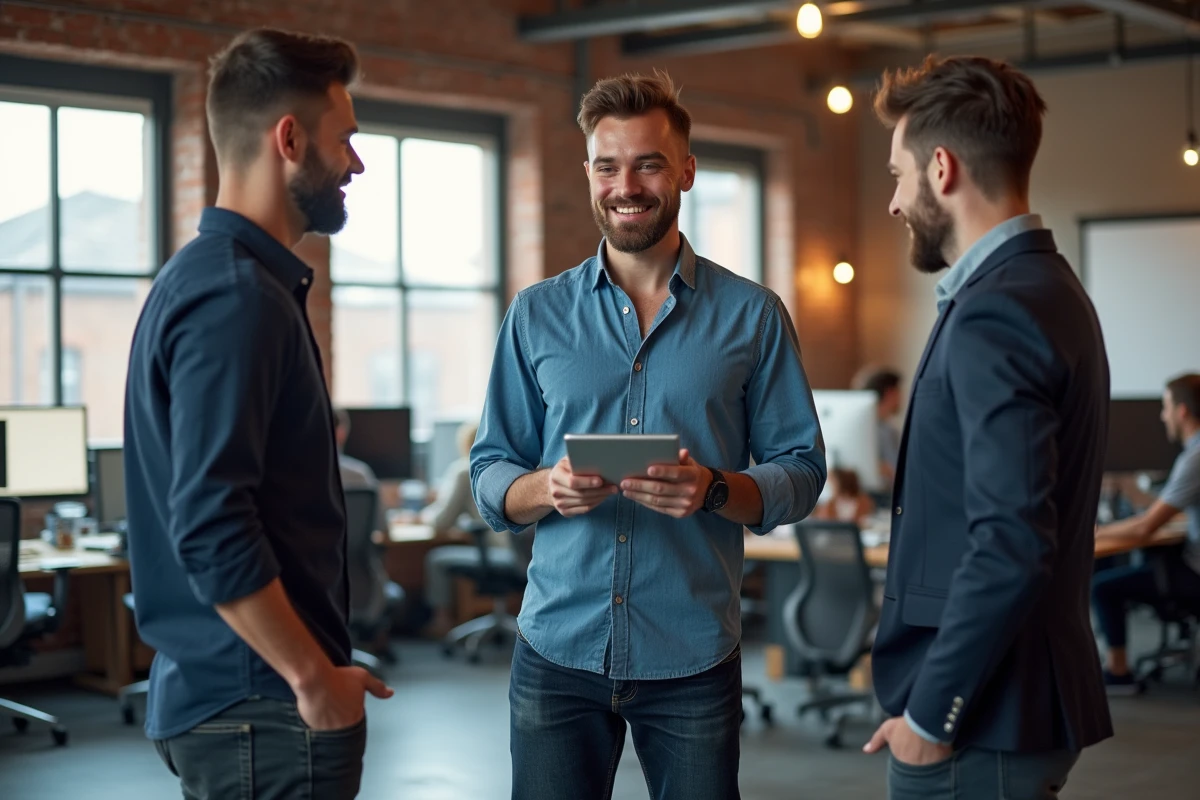 Jeune entrepreneur discutant avec collègues dans un espace de coworking dynamique