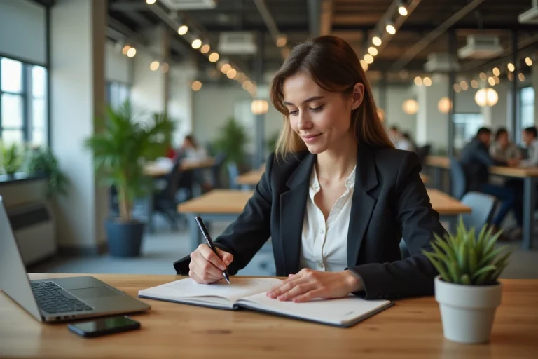 Jeune femme en coworking prenant des notes dans un bureau moderne
