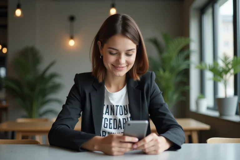 Jeune femme en coworking avec smartphone et tablette