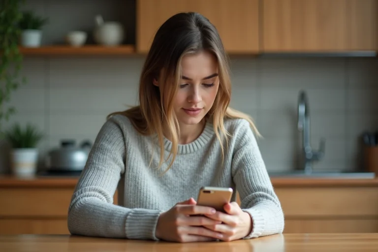 Jeune femme consultant son forfait bloqué sur son smartphone dans une cuisine moderne