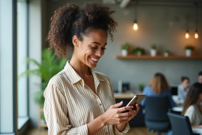 Jeune femme remplissant un formulaire d'assurance sociale en ligne sur smartphone dans un espace de coworking moderne