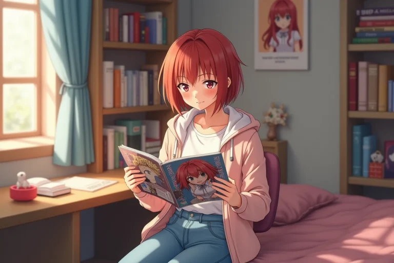 Jeune femme lisant manga Darling in the Franxx dans sa chambre