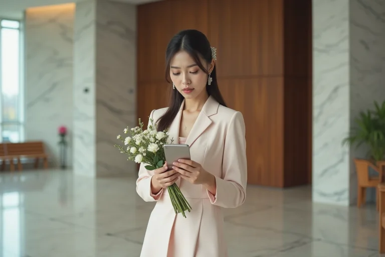 Jeune femme en robe pastel vérifiant son téléphone dans la mairie