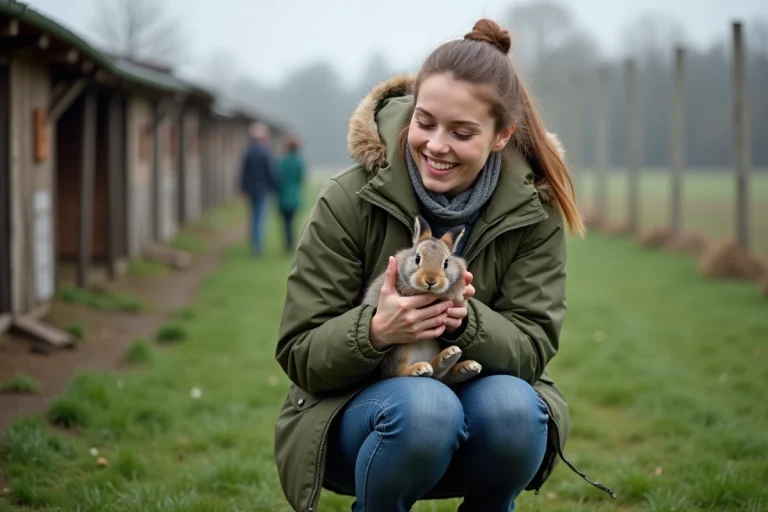 Jeune femme avec un lapin sauvé près d'un refuge animalier