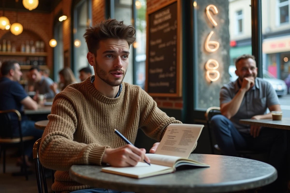 Jeune homme étudiant dans un café avec livre de grammaire