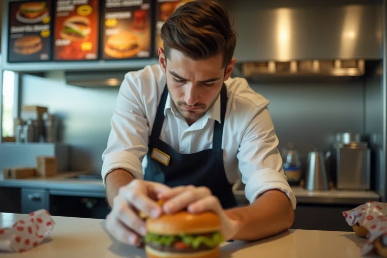Jeune homme en uniforme préparant un burger en cuisine