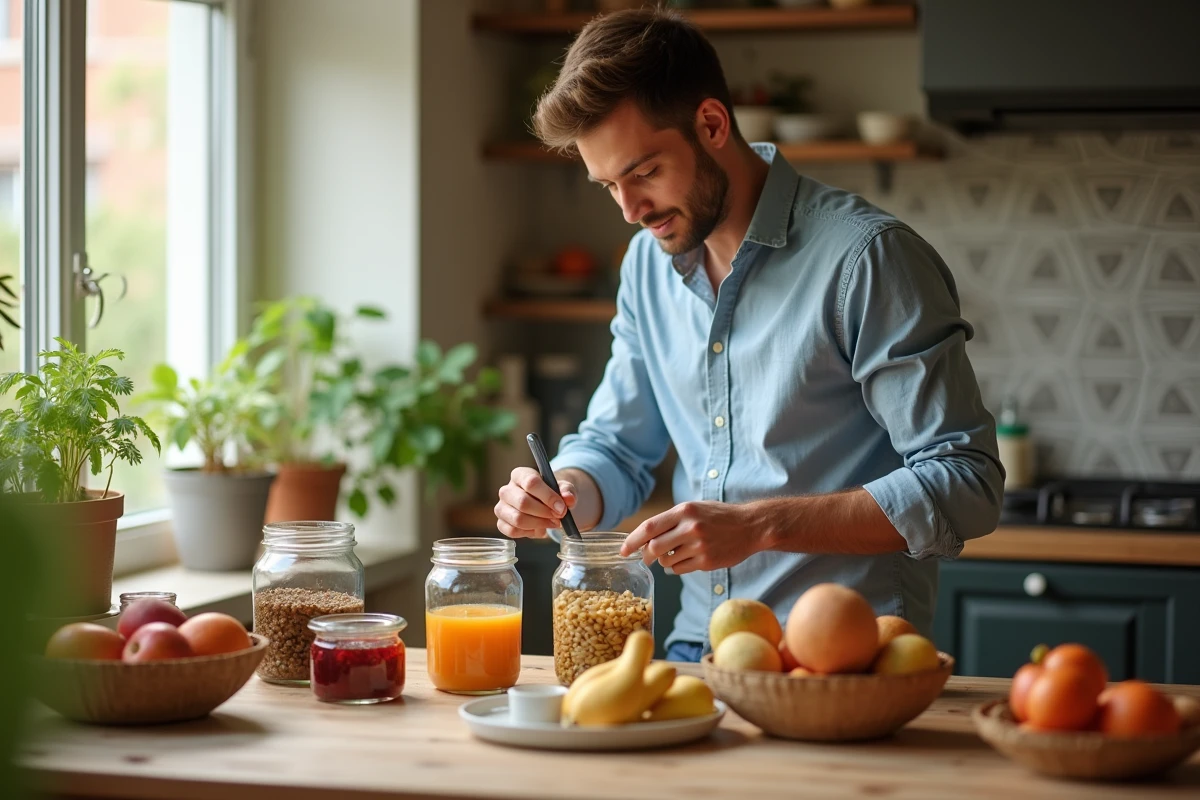 Jeune homme étiquette bocaux de nourriture dans une cuisine lumineuse