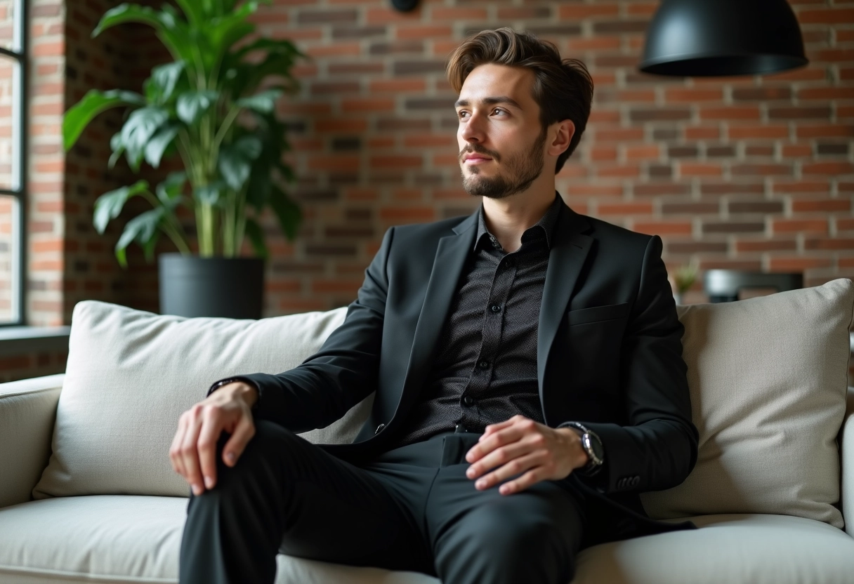 Jeune homme en costume monochrome dans un loft moderne