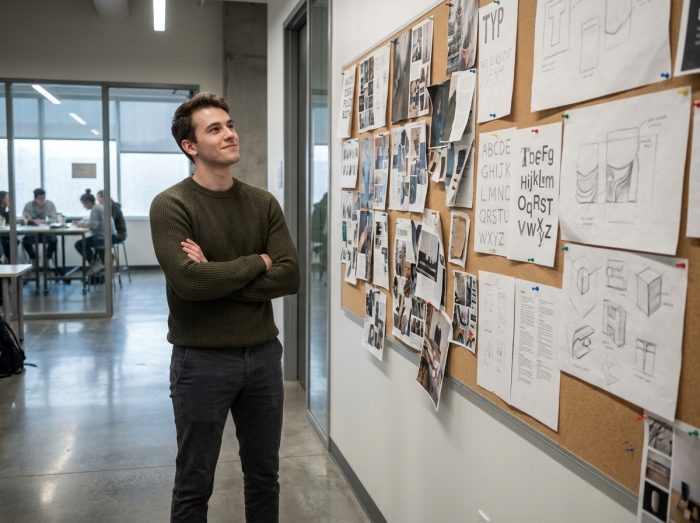 Jeune homme en prépa art analysant un moodboard professionnel dans un couloir d'école d'art