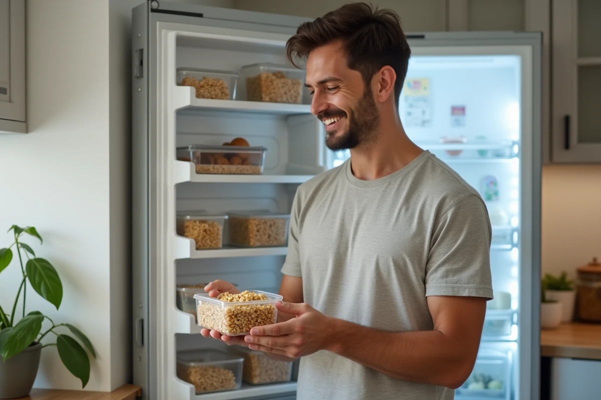 Jeune homme rangeant du taboulé dans le congélateur