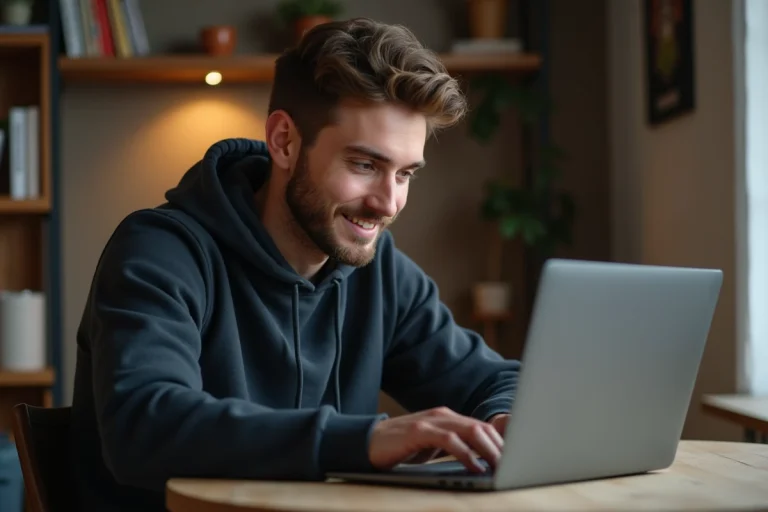 Jeune homme vérifiant scores sportifs sur ordinateur portable