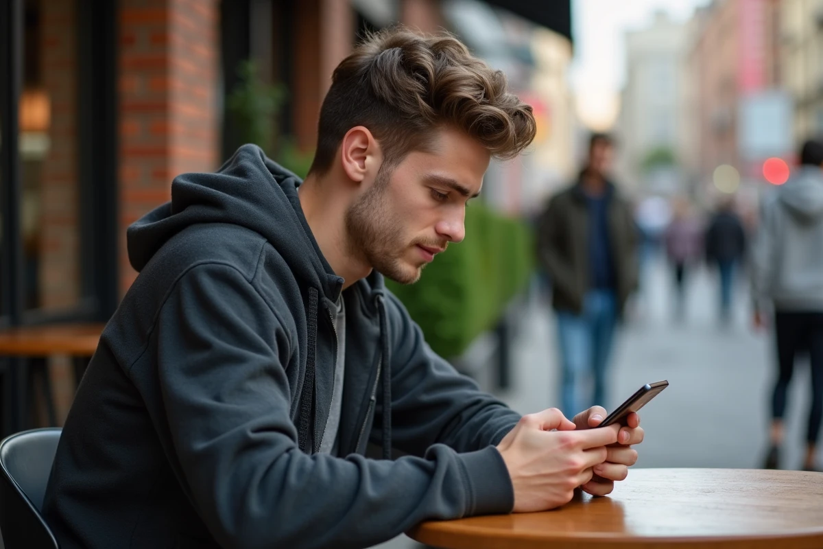Jeune homme au café utilisant son smartphone en extérieur