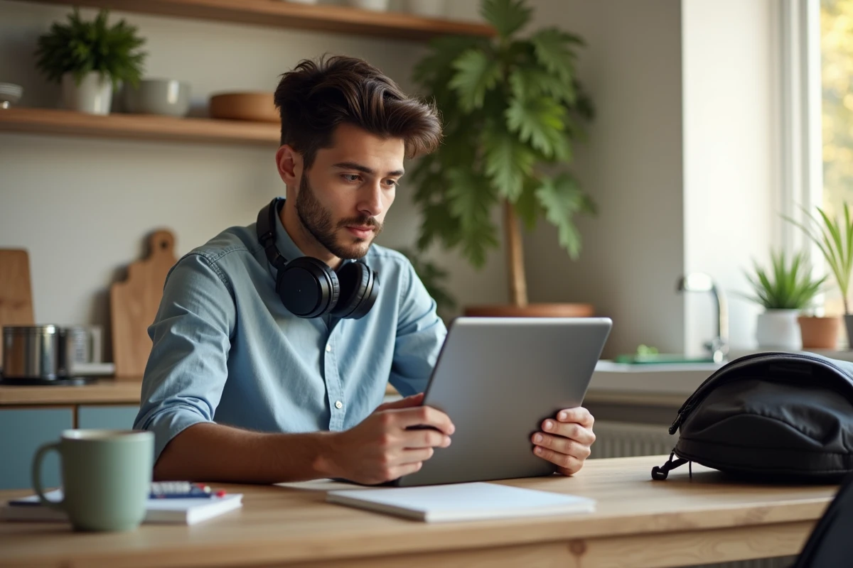 Jeune homme en visioconference dans une cuisine moderne