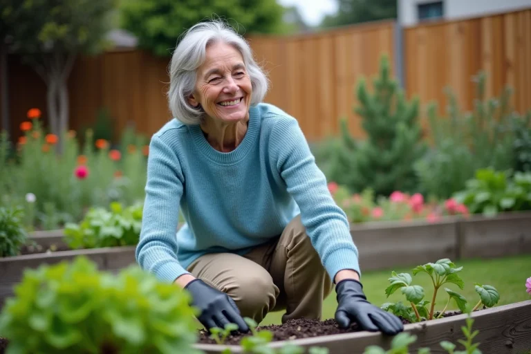Femme senior souriante dans son jardin verdoyant