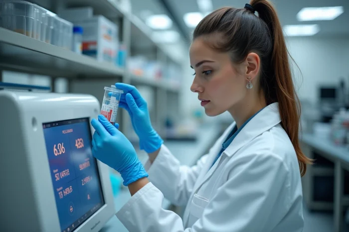 Technicienne de laboratoire analysant un échantillon sanguin pour mesurer le volume globulaire moyen dans le cadre d'un bilan de santé lié à l'alcool