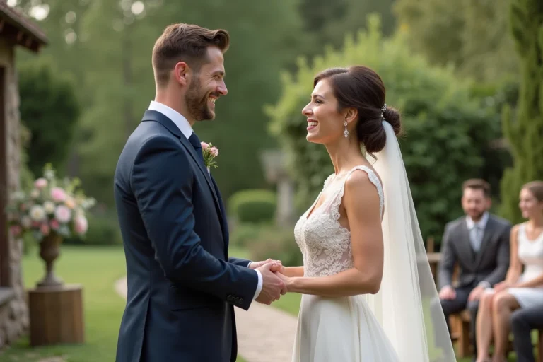 Couple marié échangeant leurs vœux en plein air dans un jardin rustique