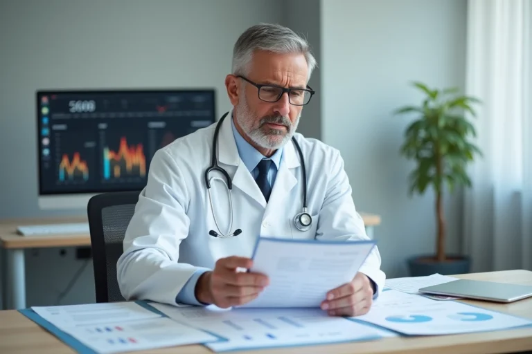 Médecin examinant des résultats d'analyses sanguines montrant un volume globulaire moyen élevé lié à la consommation d'alcool