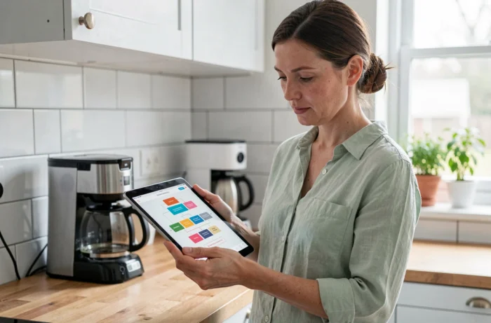 Mère de famille consultant le plan du site d'un blog parental sur une tablette dans sa cuisine, aidant à mieux s'orienter sur le site