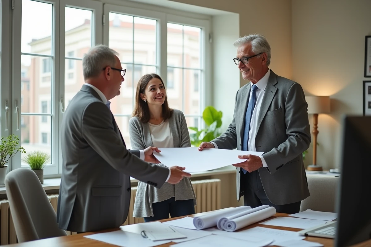 Notaire remettant plans de maison à un jeune couple souriant