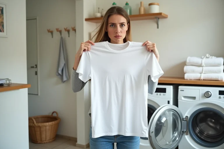 Femme tenant un t-shirt propre après lavage et sentant une mauvaise odeur de transpiration persistante dans une buanderie moderne