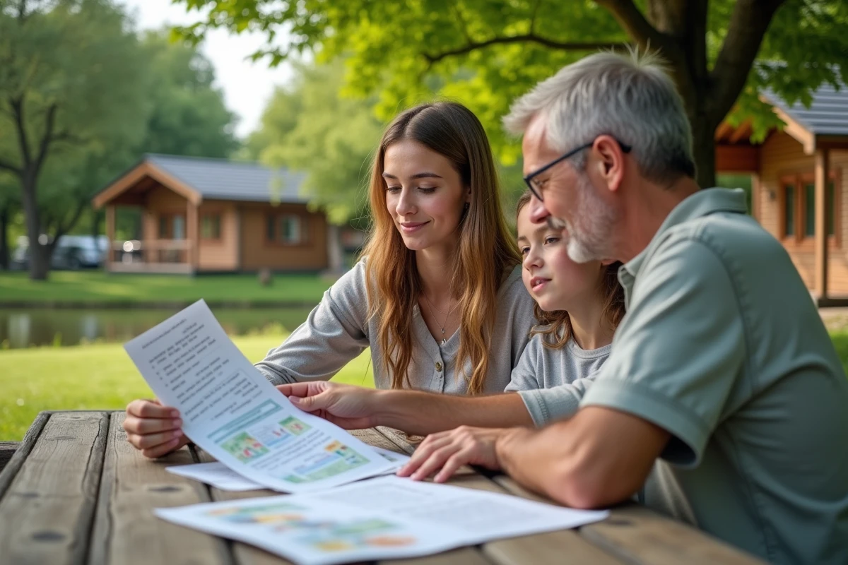 Parents et adolescente examinant documents en plein air