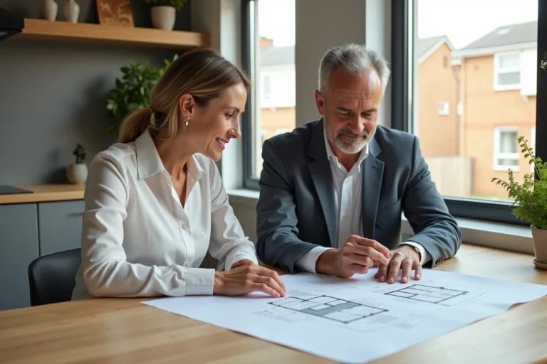 Femme et agent immobilier examinant des plans dans une cuisine moderne