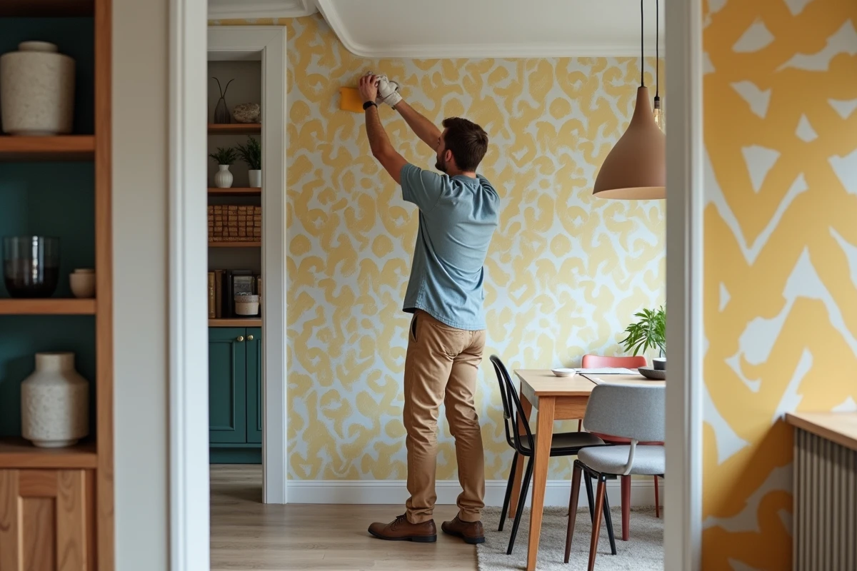 Jeune homme installant un papier peint à motifs dans une salle à manger