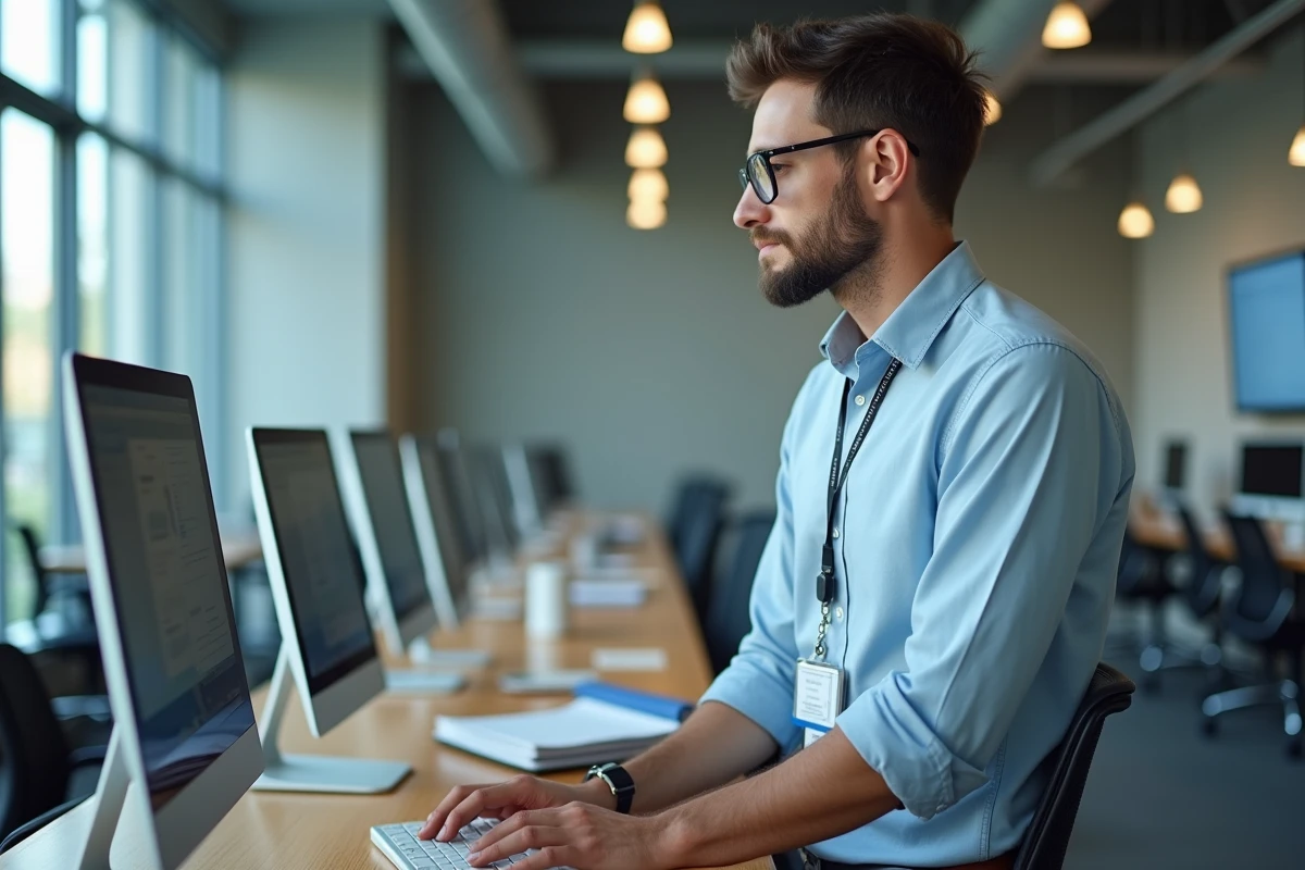 Professeur étudiant à un poste de travail universitaire