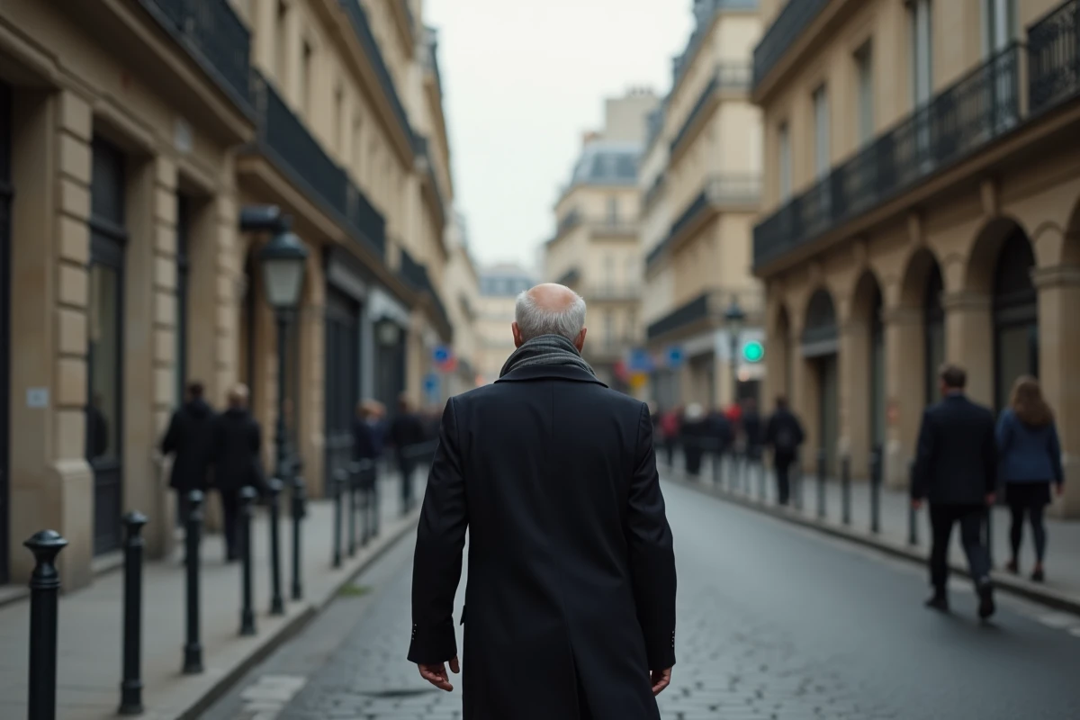 Homme âgé marchant seul dans une rue parisienne