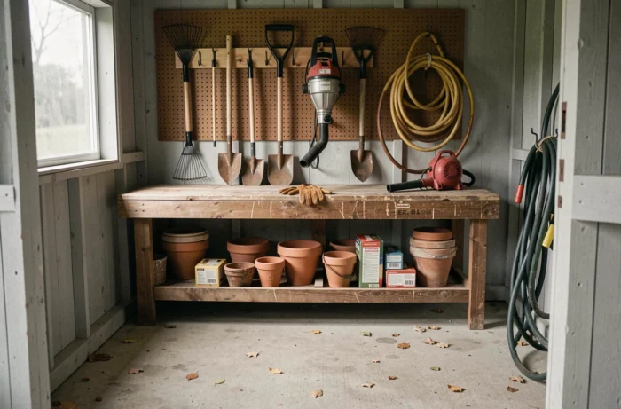 Intérieur d'un cabanon de jardin bien organisé avec des outils d'entretien accrochés au mur et un établi de travail en bois