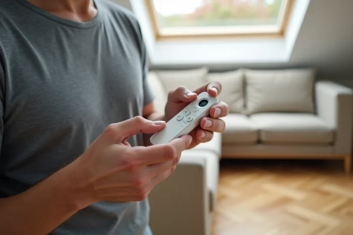 Homme tenant une télécommande Velux de volet roulant et appuyant sur le bouton de réinitialisation avec un stylo