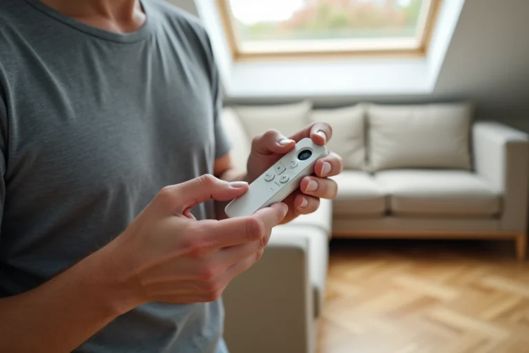 Homme tenant une télécommande Velux de volet roulant et appuyant sur le bouton de réinitialisation avec un stylo
