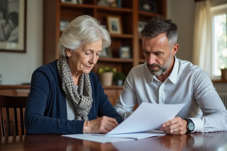 Femme âgée et homme en train de lire des documents familiaux