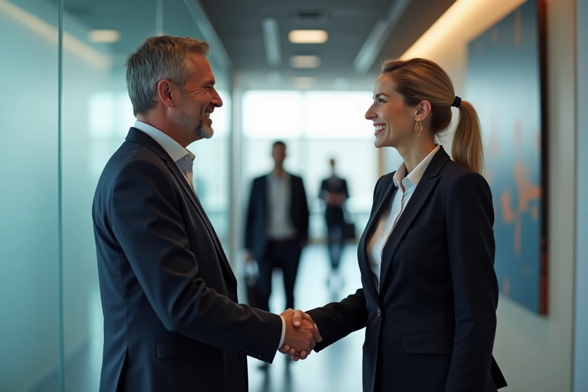 Homme et femme se serrant la main dans un couloir d