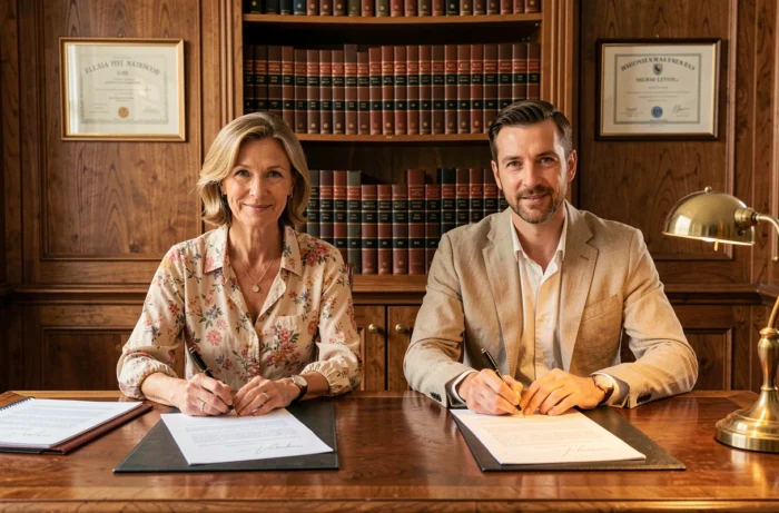 Deux adultes signent une attestation d'hébergement officielle chez un notaire dans un bureau traditionnel français avec boiseries en chêne
