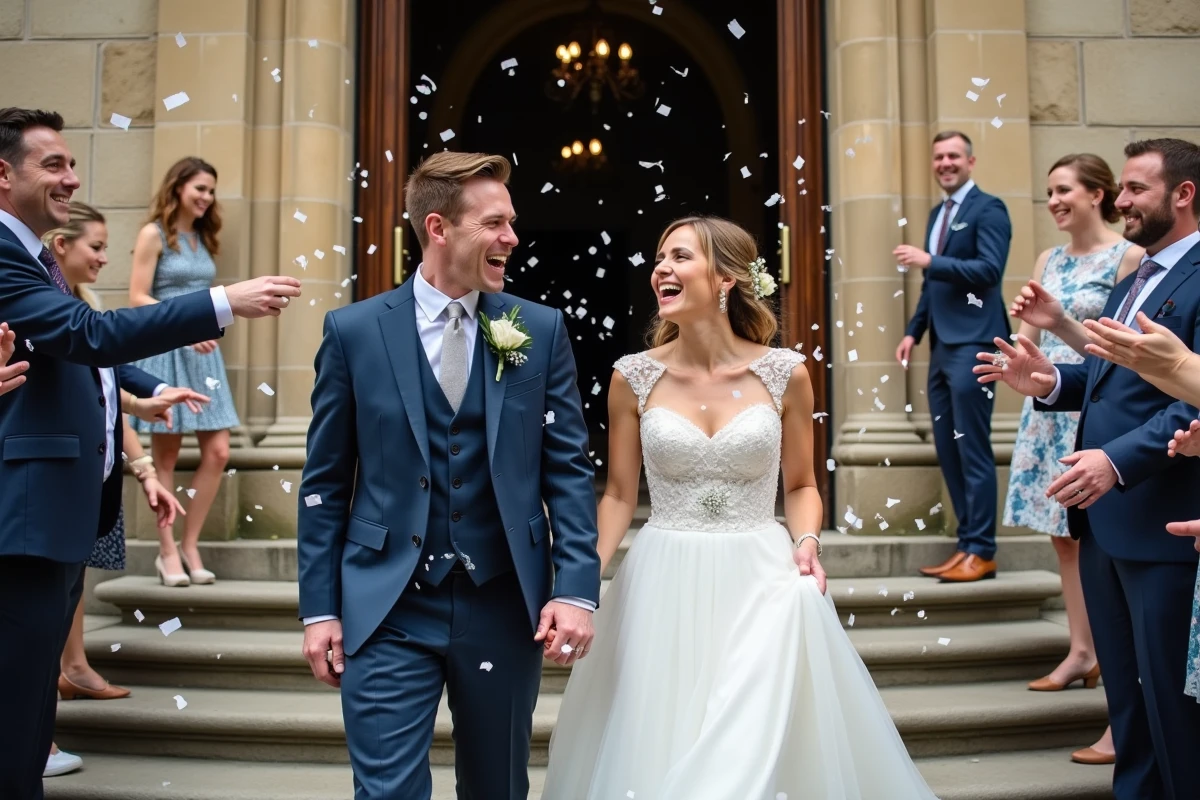 Jeune couple sortant en riant de la mairie avec confettis en ville