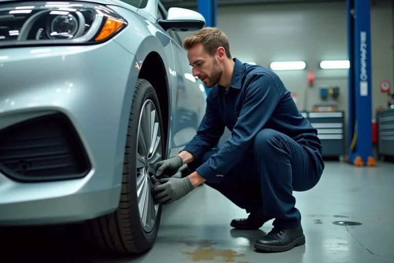 Technicien automobile inspectant le capteur de vitesse ABS sur une voiture pour diagnostiquer un défaut ESP ASR