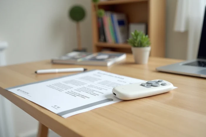 Télécommande Velux posée sur un bureau avec un manuel d'instructions ouvert sur la procédure de réinitialisation
